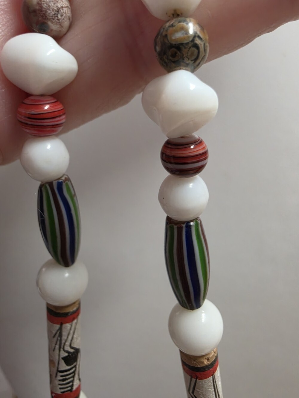 Vintage Artisan Trade Bead Art Glass Millefiori Bone Necklace - Picture 6 of 8